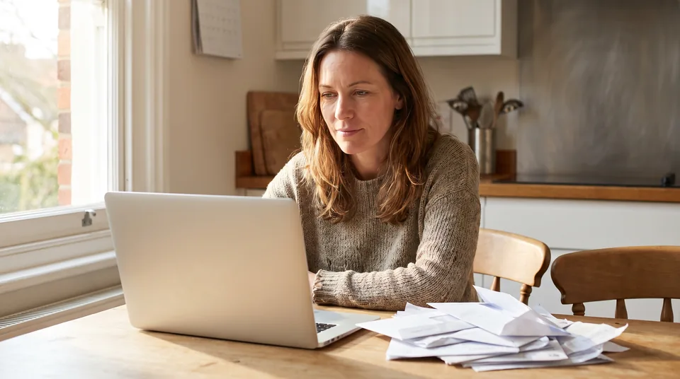Adult reviewing a privacy dashboard on a laptop at a kitchen table