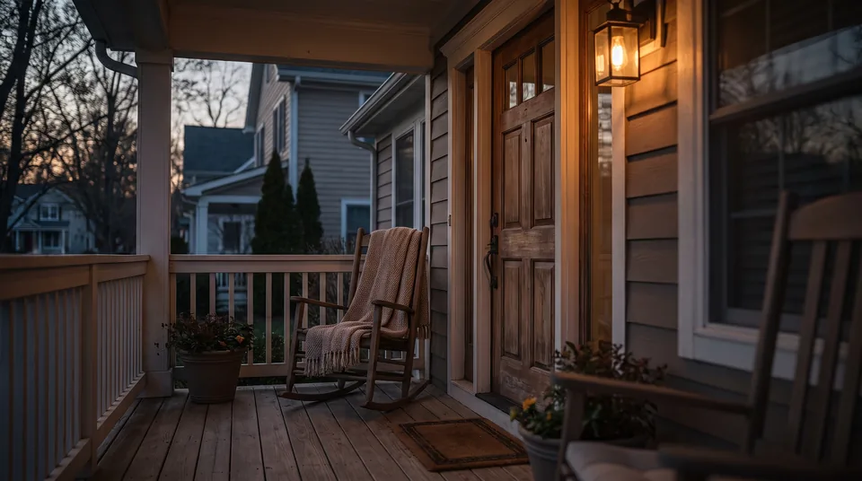 Front porch of a private home at dusk
