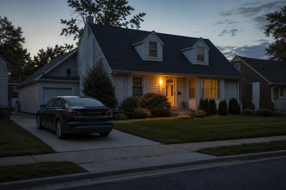Quiet suburban house at dusk with a dark sedan in the driveway and the porch light on