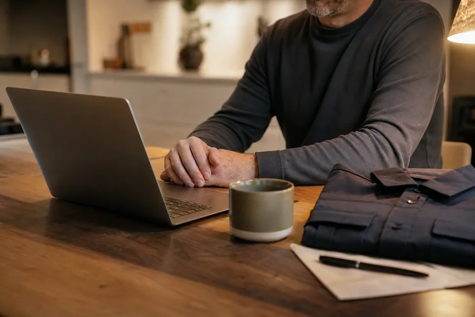 An adult's hands on a kitchen table next to a laptop, a folded uniform shirt and a bill in the evening