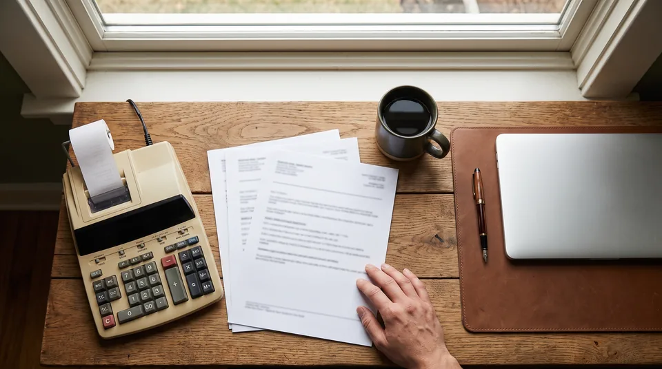 Household bills and a calculator on a desk next to a laptop